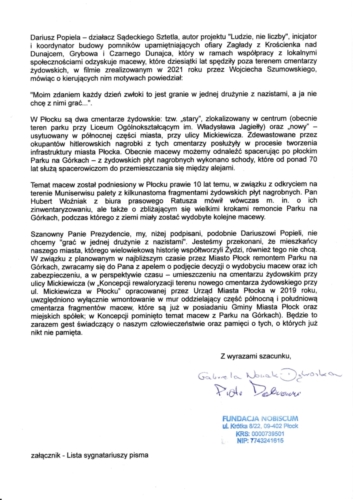 Letter with the appeal of the Nobiscum Foundation regarding the matzevot from the Park on the Hill in Płock